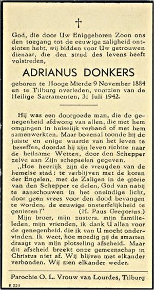 Bidprentje: Adrianus Donkers (1884-1942)
